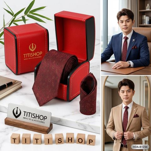Bộ 2 Món Hộp Da & Cavat + Khăn Cài TITISHOP ( Tặng Sang ) - 071