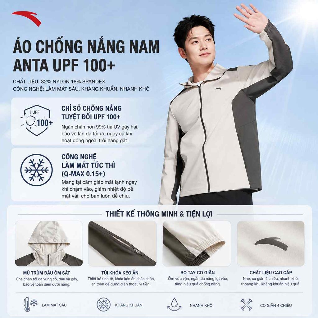 Áo Khoác Chống Nắng Nam UPF 100+ ANTA 1526B7607-1