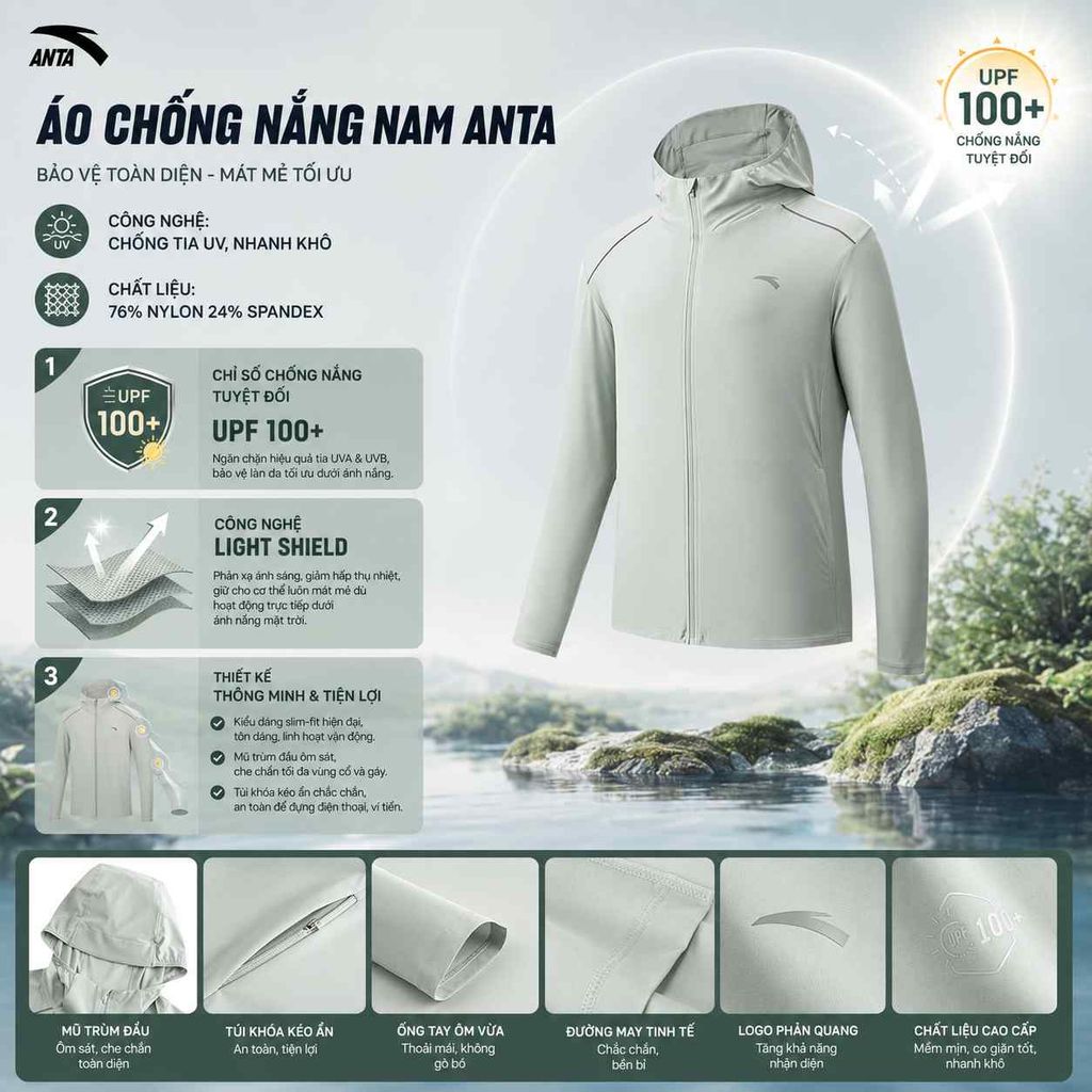 Áo Khoác Chống Nắng Thể Thao Nam UPF 100+ ANTA 1526B7703-2