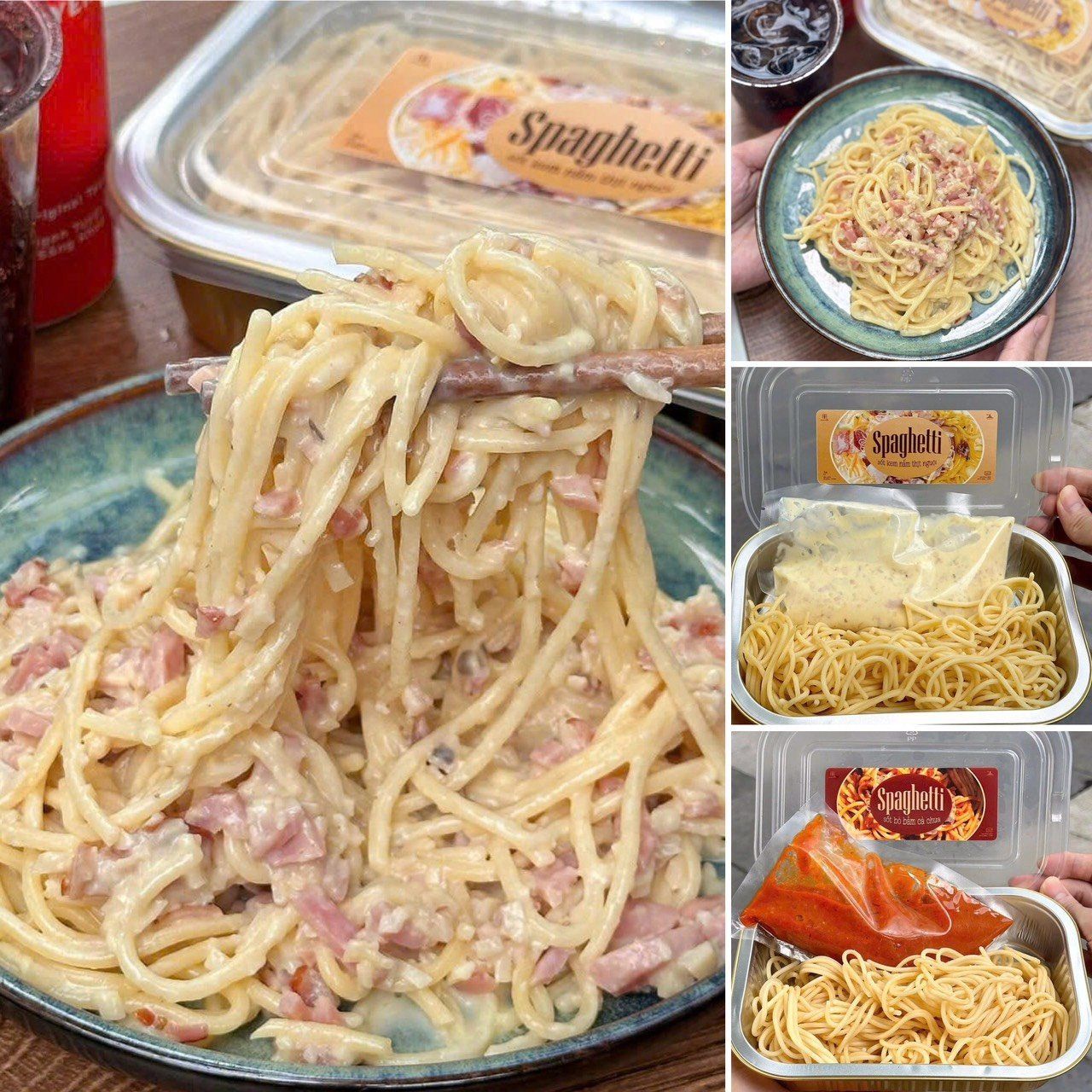 spaghetti kem nam thit nguoi