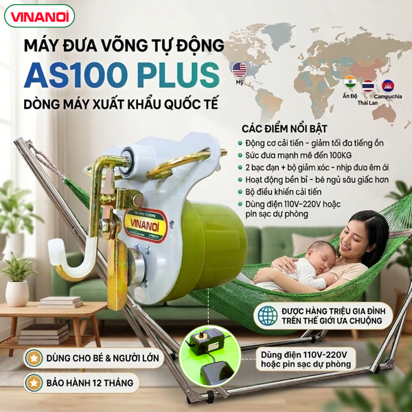  Máy đưa võng tự động cho bé VINANOI AS100 thế hệ mới đưa êm ít ồn, dùng điện 110V-220V 