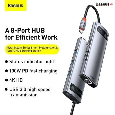 Hub Baseus Metal Gleam – Type-C đa năng: HDMI/DP/VGA/USB3.1/LAN/SD/PD 100W, dùng cho Macbook, laptop, iPad
