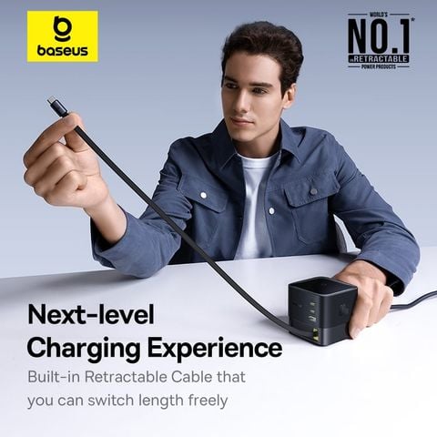 Củ Sạc Nhanh Để Bàn Baseus Super GaN 100W (GaN6 Technology, with 0.8m Retractable Type-C Cable + 2*Type-C + 1*USB-A port)