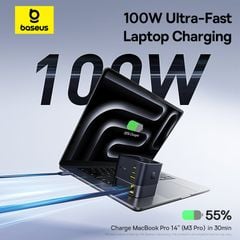 Củ Sạc Nhanh Để Bàn Baseus Super GaN 100W (GaN6 Technology, with 0.8m Retractable Type-C Cable + 2*Type-C + 1*USB-A port)