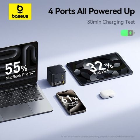 Củ Sạc Nhanh Để Bàn Baseus Super GaN 100W (GaN6 Technology, with 0.8m Retractable Type-C Cable + 2*Type-C + 1*USB-A port)