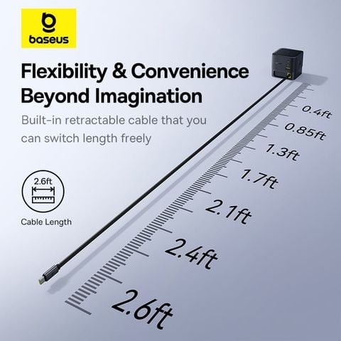 Củ Sạc Nhanh Để Bàn Baseus Super GaN 100W (GaN6 Technology, with 0.8m Retractable Type-C Cable + 2*Type-C + 1*USB-A port)