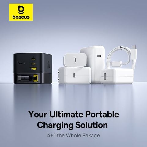 Củ Sạc Nhanh Để Bàn Baseus Super GaN 100W (GaN6 Technology, with 0.8m Retractable Type-C Cable + 2*Type-C + 1*USB-A port)