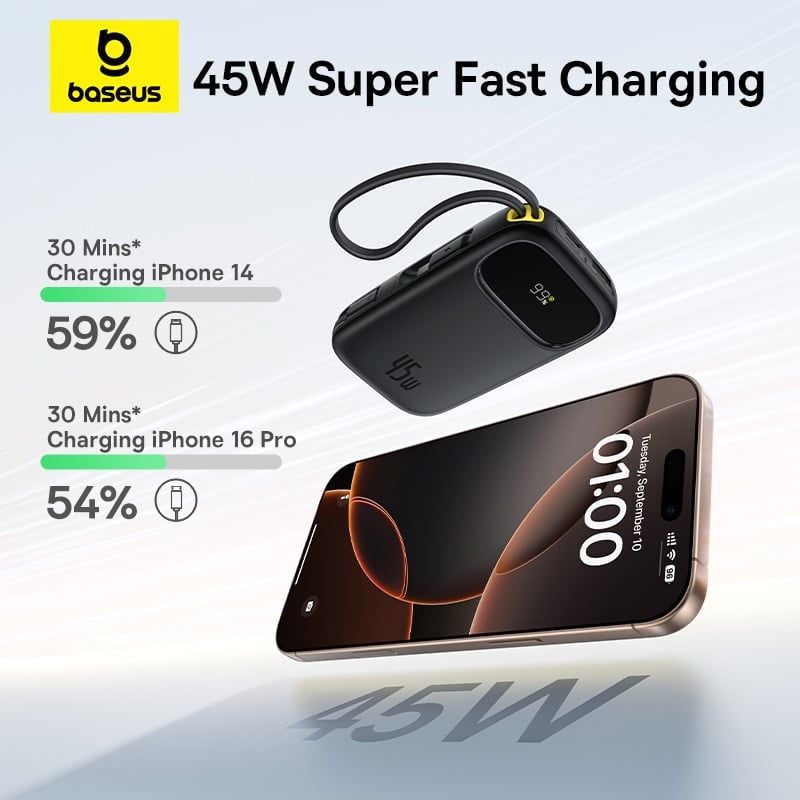 Pin Dự Phòng Baseus EnerFill FC31 QPow 3 20000mAh 45W (Digital Display, with Built-in USB-C + iP Cable)