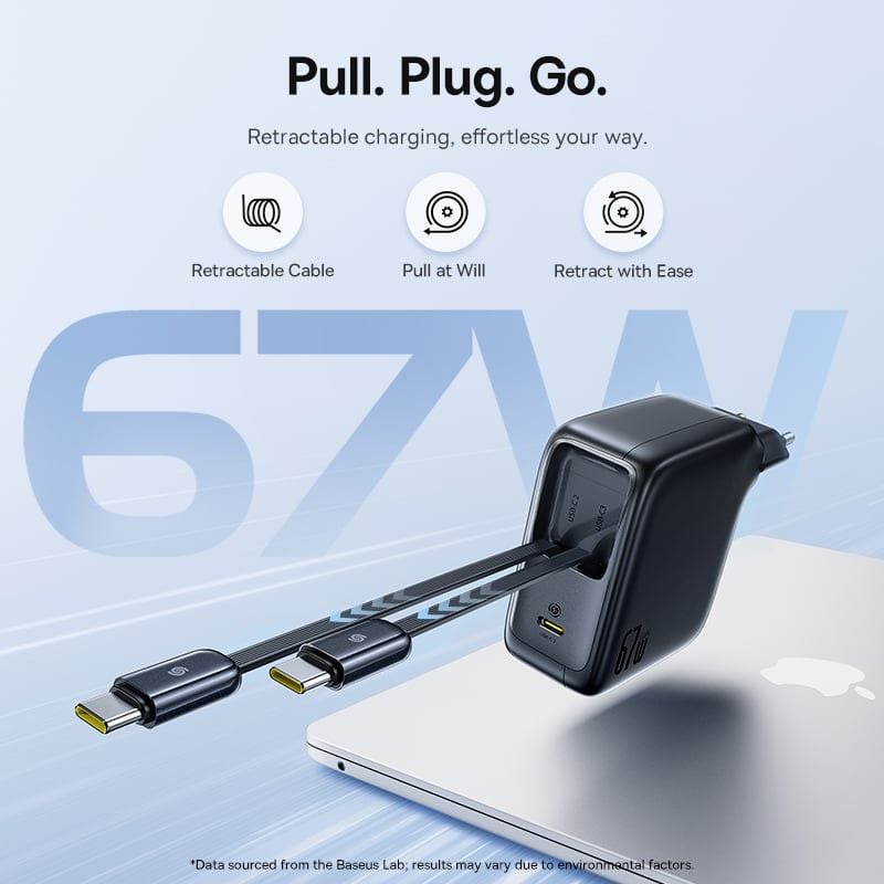 Củ Sạc Nhanh tích hợp cáp sạc dây Rút Baseus EnerCore CJ21 67W (with Type-C Dual Retractable 80cm Cables, EU Plug)