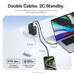 Củ Sạc Nhanh tích hợp cáp sạc dây Rút Baseus EnerCore CJ21 67W (with Type-C Dual Retractable 80cm Cables, EU Plug)