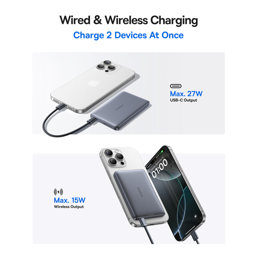 Pin Dự Phòng Không Dây Baseus PicoGo AM41 Ultra-Slim Qi2 10000mAh 27W (Sạc Không Dây Qi2 15W, Kèm Cáp C to C 0.3m 60W)