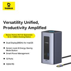 Hub Mở Rộng Đa Năng 12-in-1 Baseus Nomos NU1 Air Spacemate for MAC (Type-C to 2*HDMI 2K@60Hz + 2*DP 2K@60Hz + 2*USB-C (10Gbps) + 2*USB-A (5Gbps) + 2*USB-A (480Mbps) + 1*RJ45 + 1*PD100W)