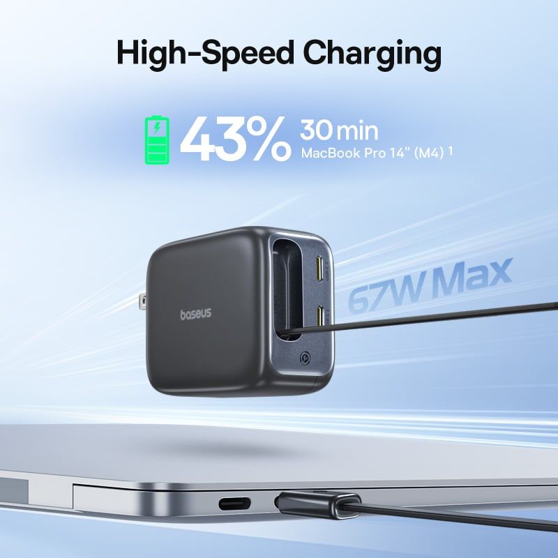 Củ Sạc Nhanh Baseus EnerCore CJ11 67W (2*Type-C port, With 82cm Type-C Built-in Cable, AI-Powered Real-Time Monitoring)