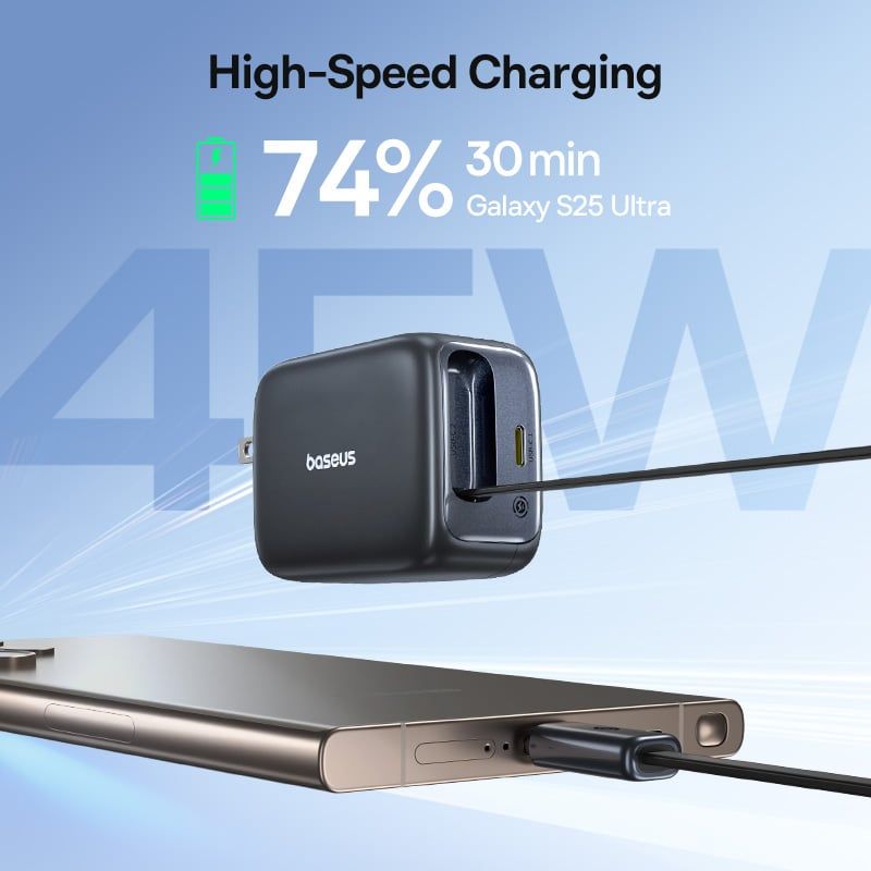 Củ Sạc Nhanh Baseus EnerCore CJ11 45W (1*Type-C port + 82cm Type-C Built-in Cable, AI-Powered Real-Time Monitoring)