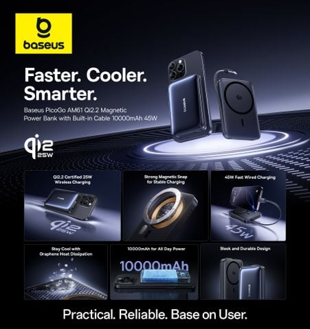 Pin Dự Phòng Không Dây Tích Hợp Cáp Type-C Baseus PicoGo AM61 10000mAh 45W (Wireless Charging Qi2 25W)