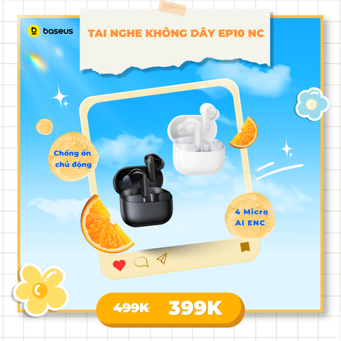 Tai Nghe Không Dây TWS Baseus Bass EP10 NC (Bluetooth v6.0, 7H, -43dB Deep Noise Cancelling, SuperBass, IP55, 58ms Low Latency)
