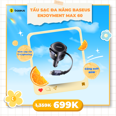 Tẩu sạc đa năng Baseus Enjoyment Max 60W – Kèm cáp rút C+Lightning / C+C, xoay 180°, dây 0.8m, sạc nhanh tiện lợi