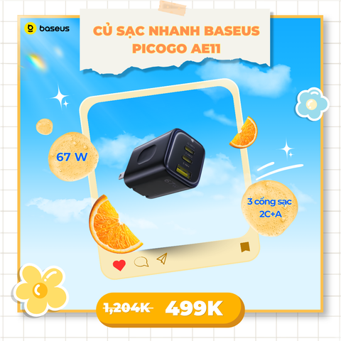 Củ Sạc Nhanh 2C+A Baseus PicoGo AE11 67W (GaN6 Pro, Navitas GaNFast™, BPS 2.0)