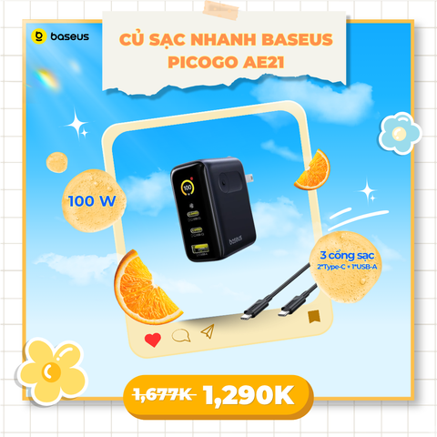 Củ Sạc Nhanh Baseus PicoGo AE21 100W (2*Type-C + 1*USB-A port, Real-Time Charging Info Display)