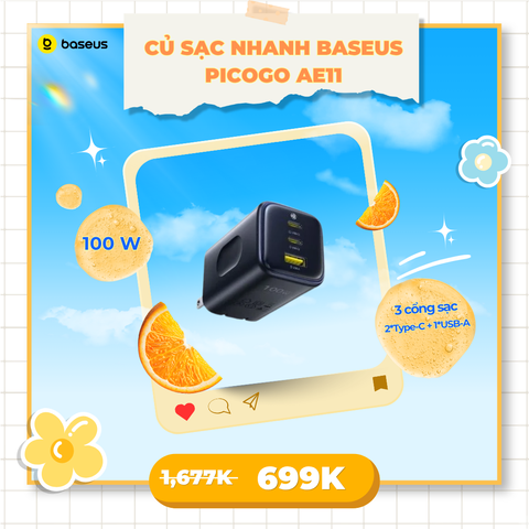 Củ Sạc Nhanh Baseus PicoGo AE11 100W (2*Type-C + 1*USB-A)
