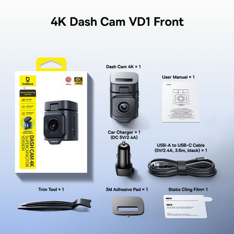 Cam Hành Trình Cho Ô Tô Baseus PrimeTrip VD1 Pro 4K (170° Adjustable View, Solar Sync System, 2.4GHz WiFi & App Control, Enhanced Night Vision, GPS Positioning)