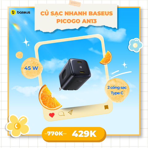 Củ Sạc Nhanh Baseus PicoGo AN13 45W (2*Type-C port, Navitas GaNFast™ Technology)