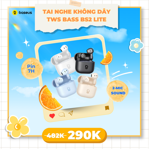 Tai Nghe Không Dây TWS Bass BS2 Lite (Bluetooth v6.0, 7H, SuperBass Boosted Sound, IP55, 2-Mic Sound, Al-Powered  Sensors, Voice Boost, ENC Call Clarity)