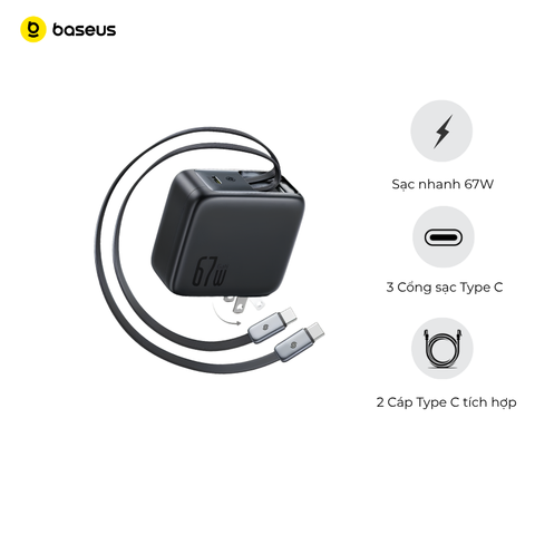 Củ Sạc Nhanh Tích Hợp Cáp Sạc Dây Rút Baseus EnerCore CJ21 67W (with Type-C Dual Retractable 80cm Cables)