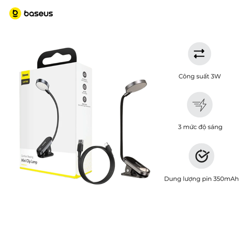 Đèn kẹp đọc sách Baseus Mini – Ánh sáng dịu mắt, 3 mức sáng, pin sạc 350mAh, dùng 24h, chân kẹp tiện dụng