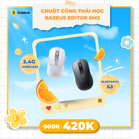 Chuột Không Dây Công Thái Học Baseus Editor EM2 (Bluetooth v5.3 & 2.4G Wireless Dual Mode, 45H, 4000 DPI, 300mAh, <30dB Quiet Clicking, Up to 250Hz Polling Rate)