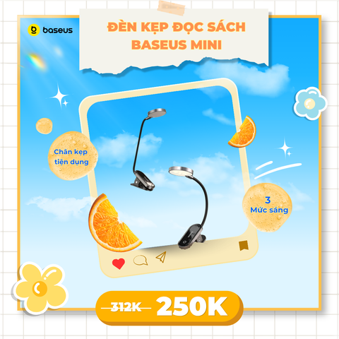 Đèn kẹp đọc sách Baseus Mini – Ánh sáng dịu mắt, 3 mức sáng, pin sạc 350mAh, dùng 24h, chân kẹp tiện dụng