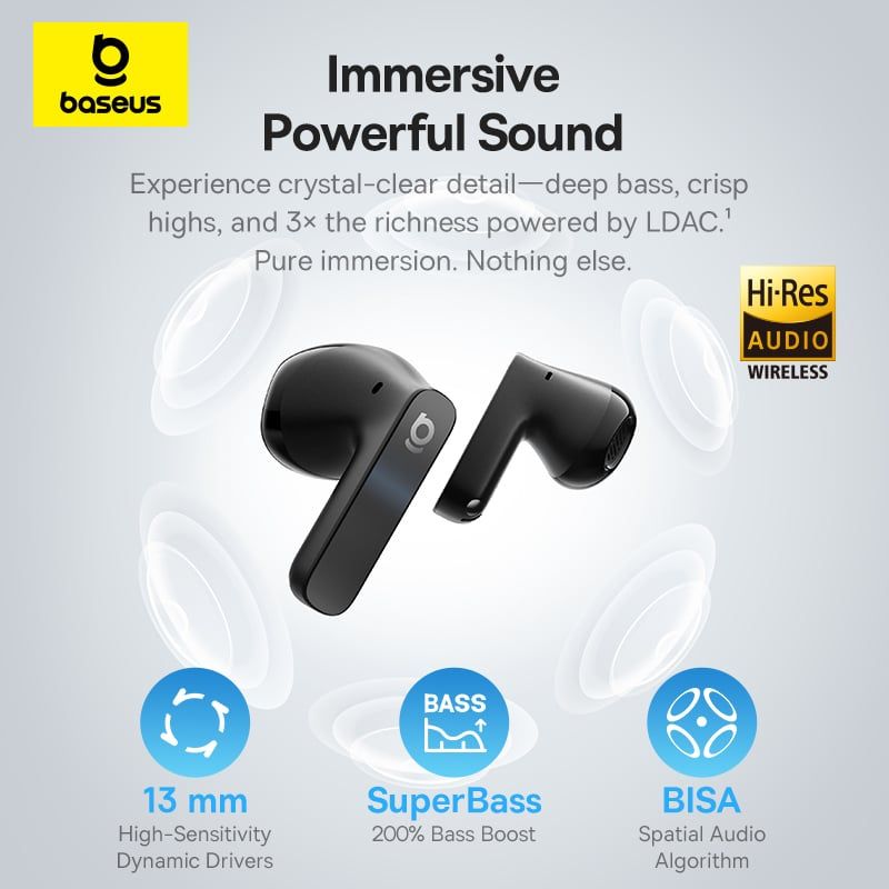 Tai Nghe Không Dây TWS Baseus Bass BS1 (Bluetooth v6.0, 7H, Adaptive ANC, IP55, 6-Mics ENC, Smart App Control)