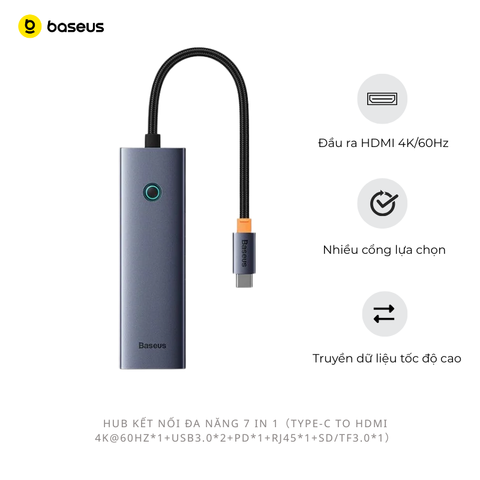 Hub Mở Rộng Kết Nối Đa Năng Baseus Flite Series HUB Docking Station Cho Macbook Laptop Smartphone Tablet (Type-C to USB3.0 RJ45 SD/TF HDMI 4K/60Hz PD 100W)