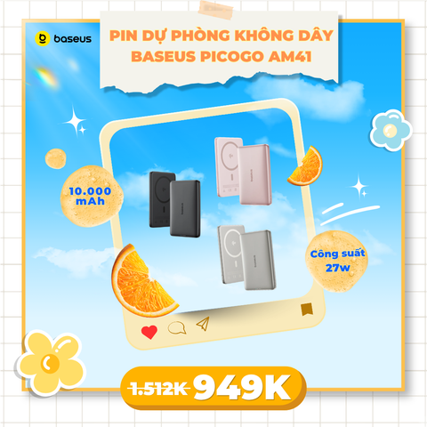 Pin Dự Phòng Không Dây Baseus PicoGo AM41 Ultra-Slim Qi2 10000mAh 27W (Sạc Không Dây Qi2 15W, Kèm Cáp C to C 0.3m 60W)