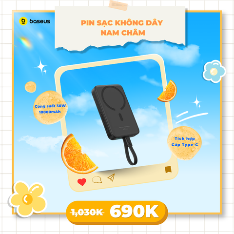 Pin Sạc Không Dây Nam Châm Baseus Magnetic Power Bank 30W 10000mAh (tích hợp Sẵn Cáp Type-C)