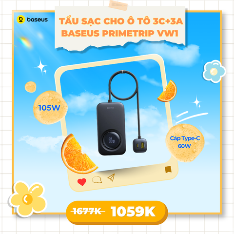 Tẩu Sạc Cho Ô Tô 3C+3A Baseus PrimeTrip VW1 105W (with 60W Type-C Retractable Built-in Cable)