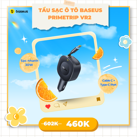 Tẩu Sạc Cho Ô Tô Baseus PrimeTrip VR2 30W (with 31.5-Inch Retractable Cable C+Type-C Port, Uninterrupted & Ultra-Safe Charging, 360° Rotation)