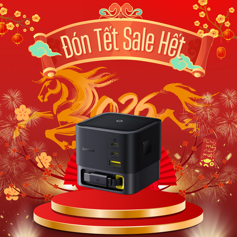 Củ Sạc Nhanh Để Bàn Baseus Super GaN 100W (GaN6 Technology, with 0.8m Retractable Type-C Cable + 2*Type-C + 1*USB-A port)