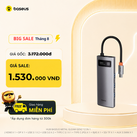 Hub Baseus Metal Gleam – Type-C đa năng: HDMI/DP/VGA/USB3.1/LAN/SD/PD 100W, dùng cho Macbook, laptop, iPad