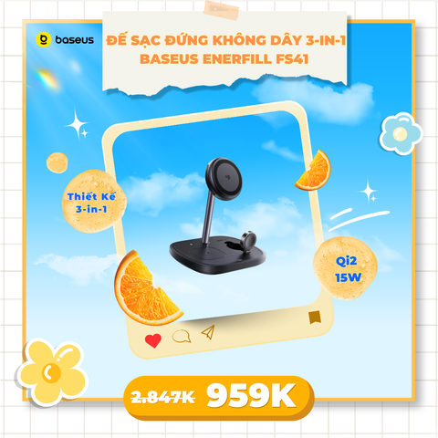 Đế Sạc Đứng Không Dây 3-in-1 Qi2 Baseus EnerFill FS41 with TEC Cooling 15W (Adjust 70° angle, Kèm 45W Adapter US + 1m C to C Cable)
