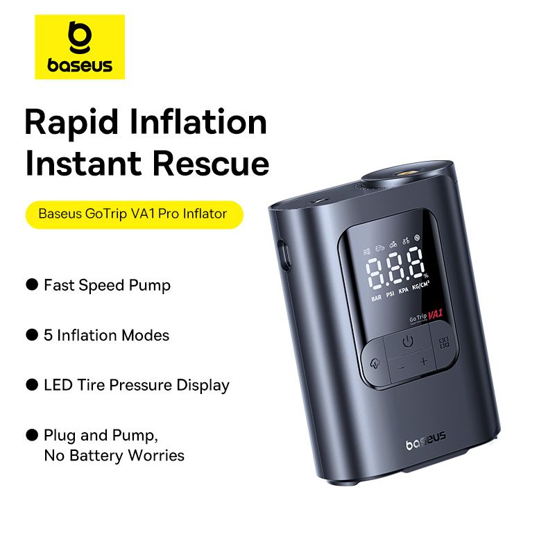 Máy Bơm Lốp Ô Tô Có Dây Baseus GoTrip VA1 Pro (5 Inflation Modes, No Battery, ±0.05 BAR Pressure Accuracy, 3-Way LED Lighting for Night Use)
