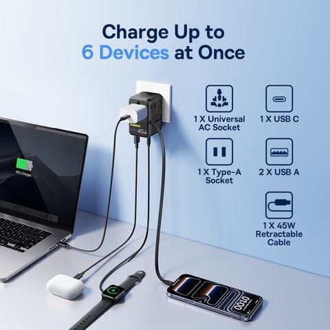 Củ Sạc Du Lịch Toàn Cầu Baseus PicoGo AG11 45W (US/UK/EU/AU, with Retractable Cable, 2*AC Outlet+ 2*USB-A + 2*Type-C port)