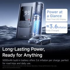 Máy Bơm Lốp Ô Tô Baseus GoTrip VA1 (19-Cylinder, Không Dây, 5000mAh, 5 Inflation Modes, ±0.05 BAR Pressure Accuracy, LED Tire Pressure Display, Auto Stop)