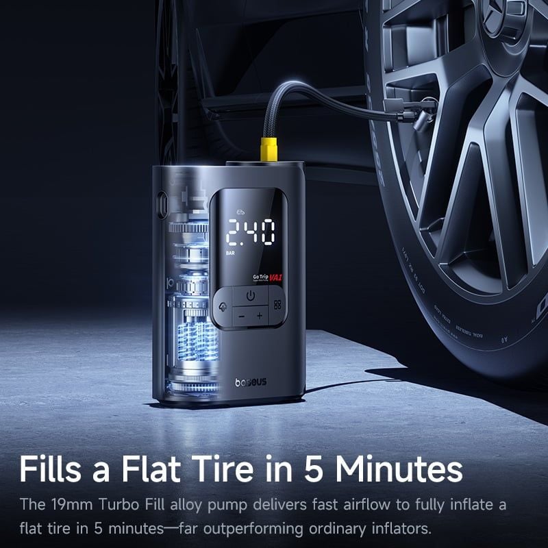 Máy Bơm Lốp Ô Tô Baseus GoTrip VA1 (19-Cylinder, Không Dây, 5000mAh, 5 Inflation Modes, ±0.05 BAR Pressure Accuracy, LED Tire Pressure Display, Auto Stop)