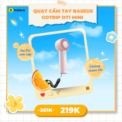 Quạt cầm tay Baseus GoTrip DT1 Mini – 1200mAh, gió mạnh 4m/s, 3 tốc độ, êm 39dB, quay 10000RPM, dùng 4h