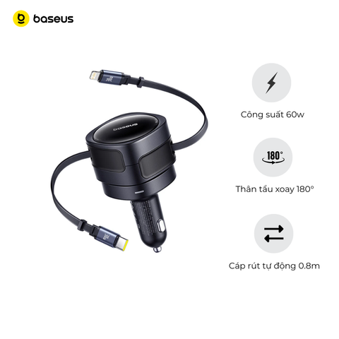 Tẩu sạc đa năng Baseus Enjoyment Max 60W – Kèm cáp rút C+Lightning / C+C, xoay 180°, dây 0.8m, sạc nhanh tiện lợi
