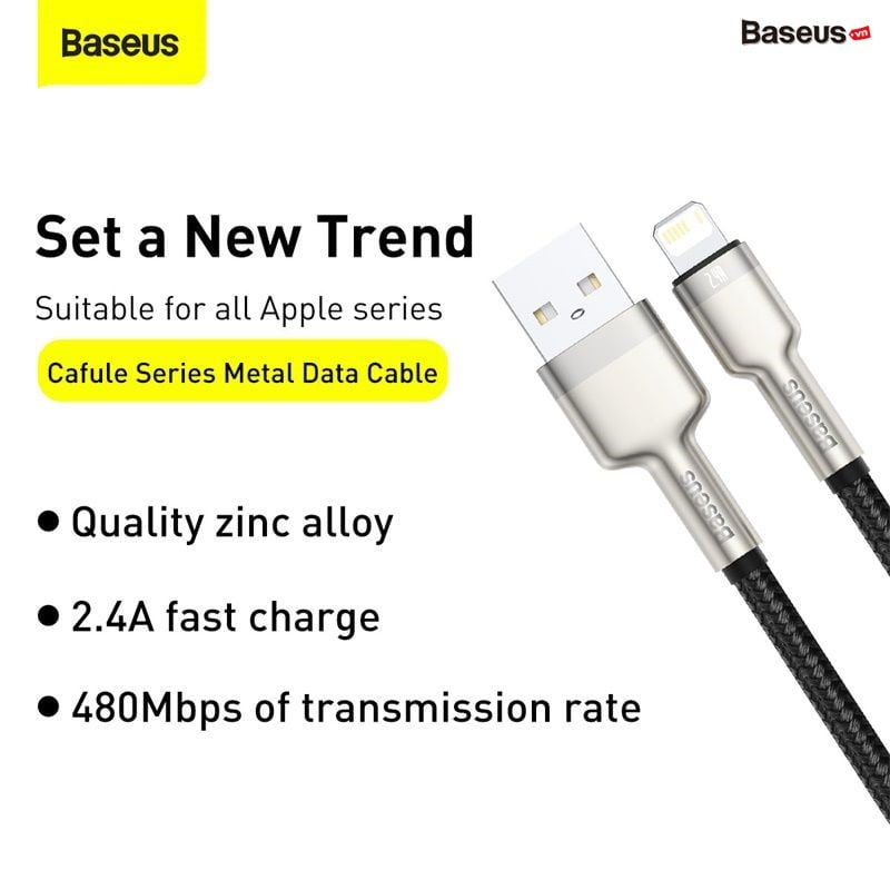 Cáp sạc nhanh Baseus Cafule Metal – USB-A to Lightning, 2.4A, siêu bền, dùng cho iPhone/iPad, chống đứt gãy