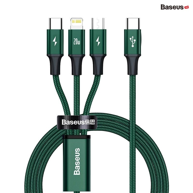 Baseus Rapid Series 3-in-1 Fast Charging Data Cable Type-C to M+L+C PD 20W - GREEN