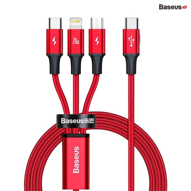 Baseus Rapid Series 3-in-1 Fast Charging Data Cable Type-C to M+L+C PD 20W - RED