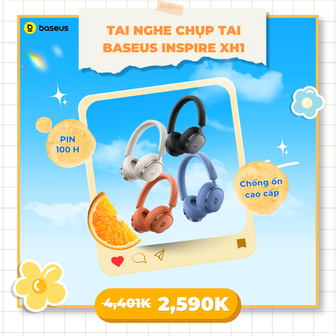 Tai Nghe Chụp Tai Không Dây Baseus Inspire XH1 (Bluetooth v6.1, 100H, Smart App Control, -48dB ANC, 5-Mic ENC, Sound By Bose, Dolby Audio, LDAC, Hi-Res Audio, SuperBass 3.0, SuperBalance 3.0, SoundFit)